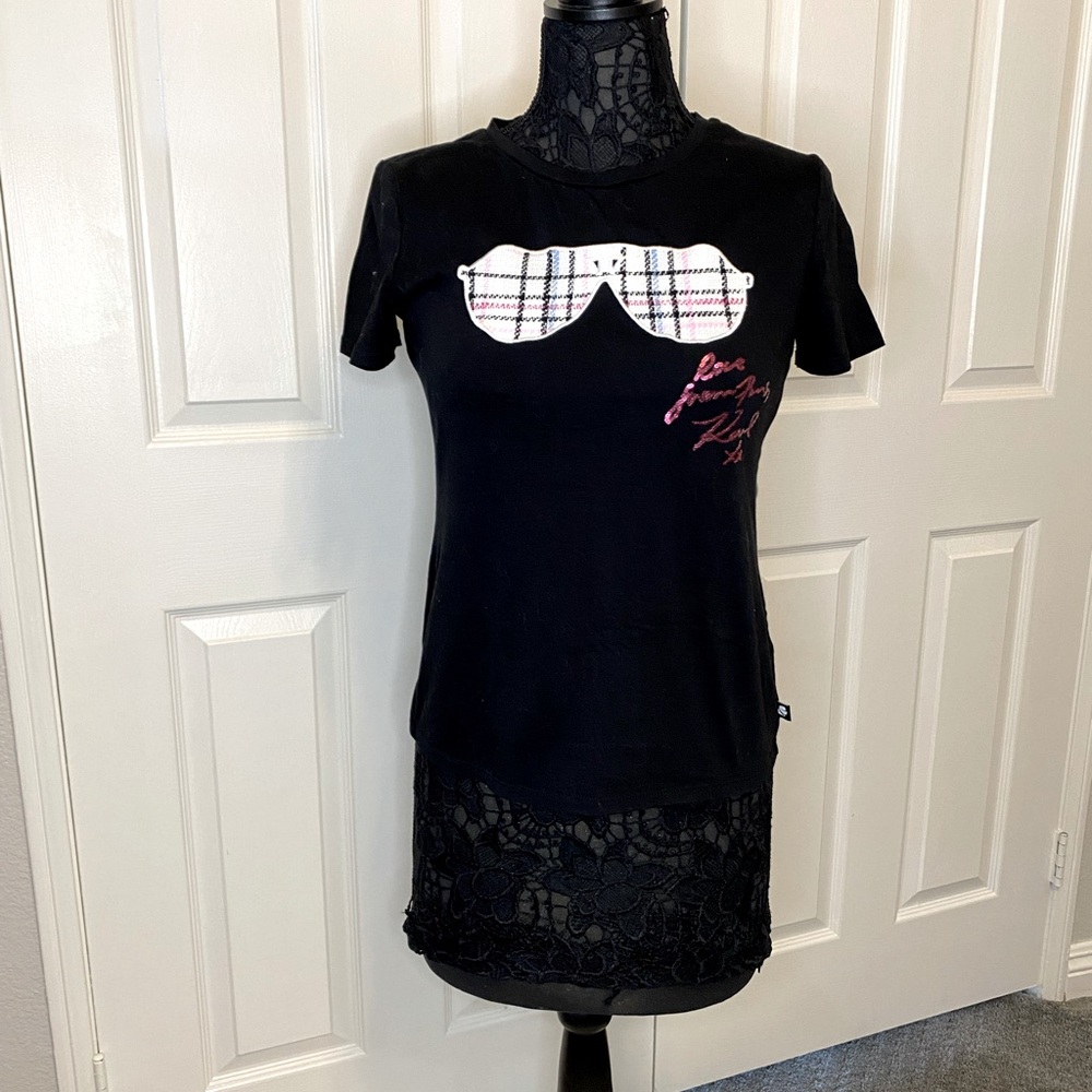 Karl Lagerfeld black t-shirt with plaid embellishment of his glasses. Size XS